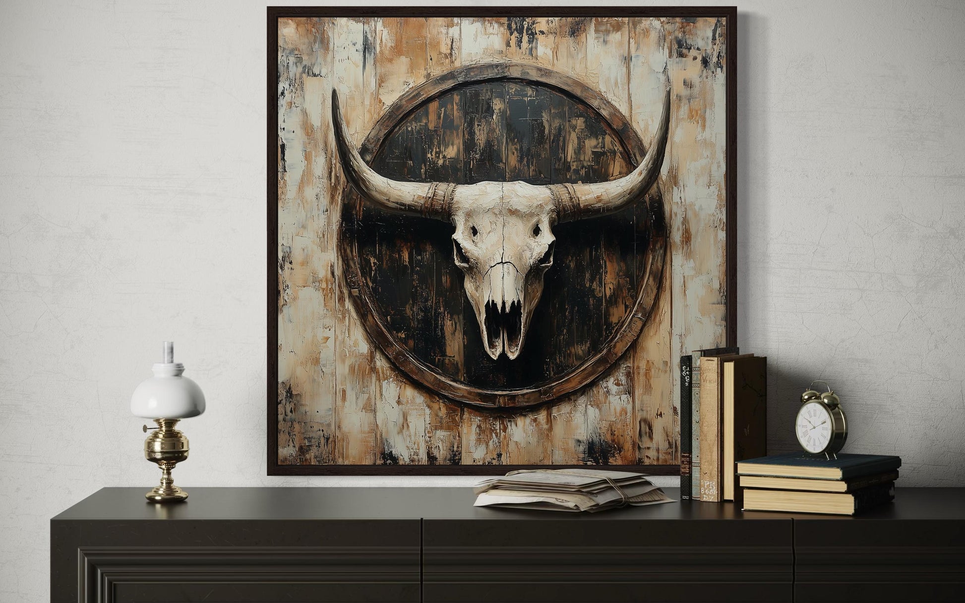 Rustic Longhorn Skull Framed Canvas Wall Art - Western Decor