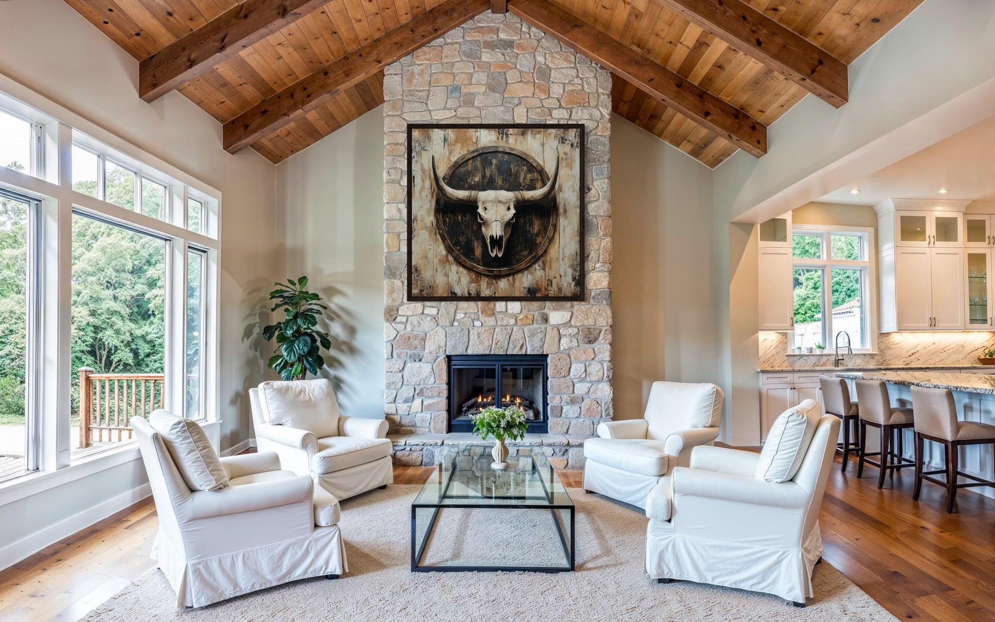 Rustic Longhorn Skull Framed Canvas Wall Art - Western Decor