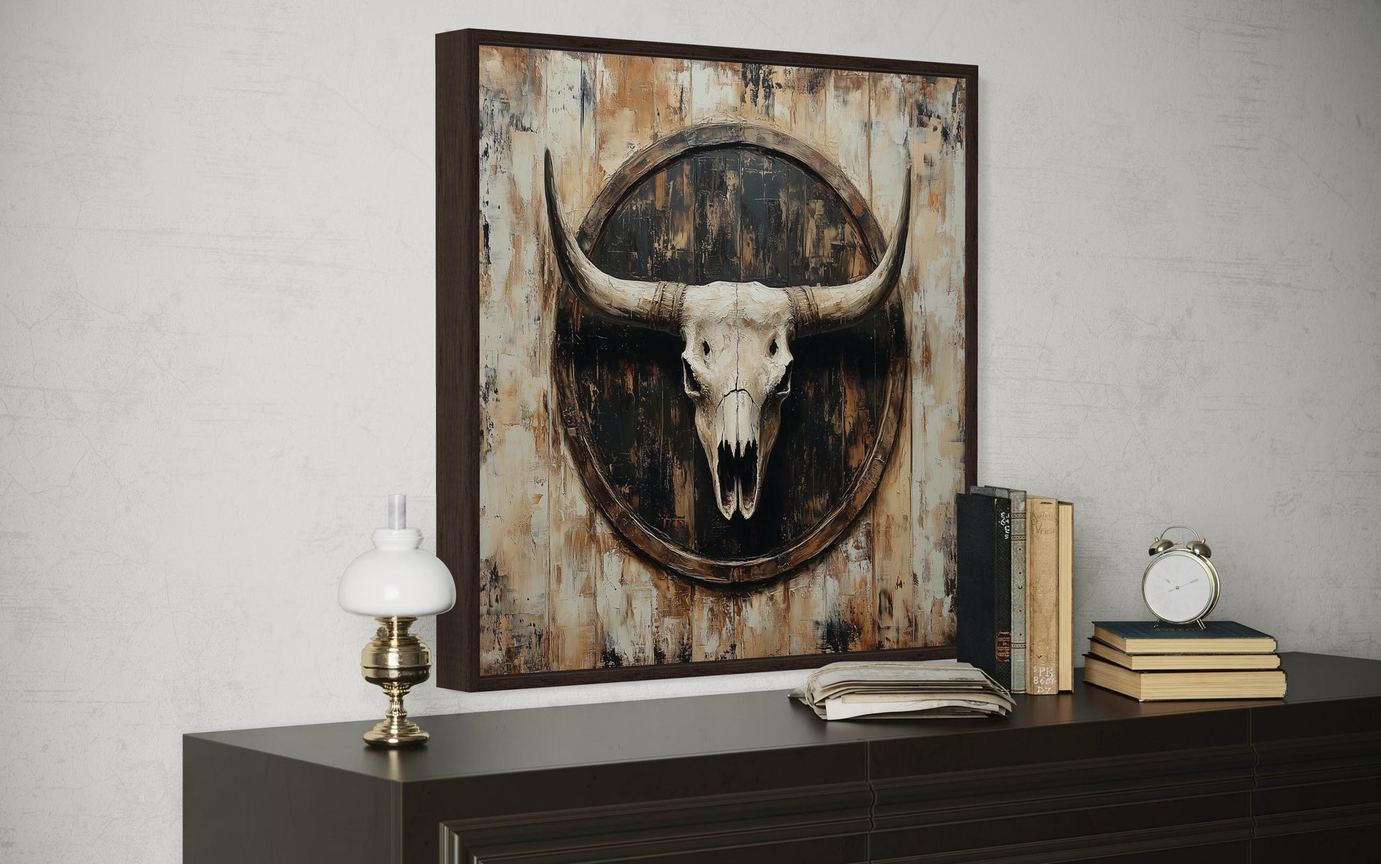 Rustic Longhorn Skull Framed Canvas Wall Art - Western Decor