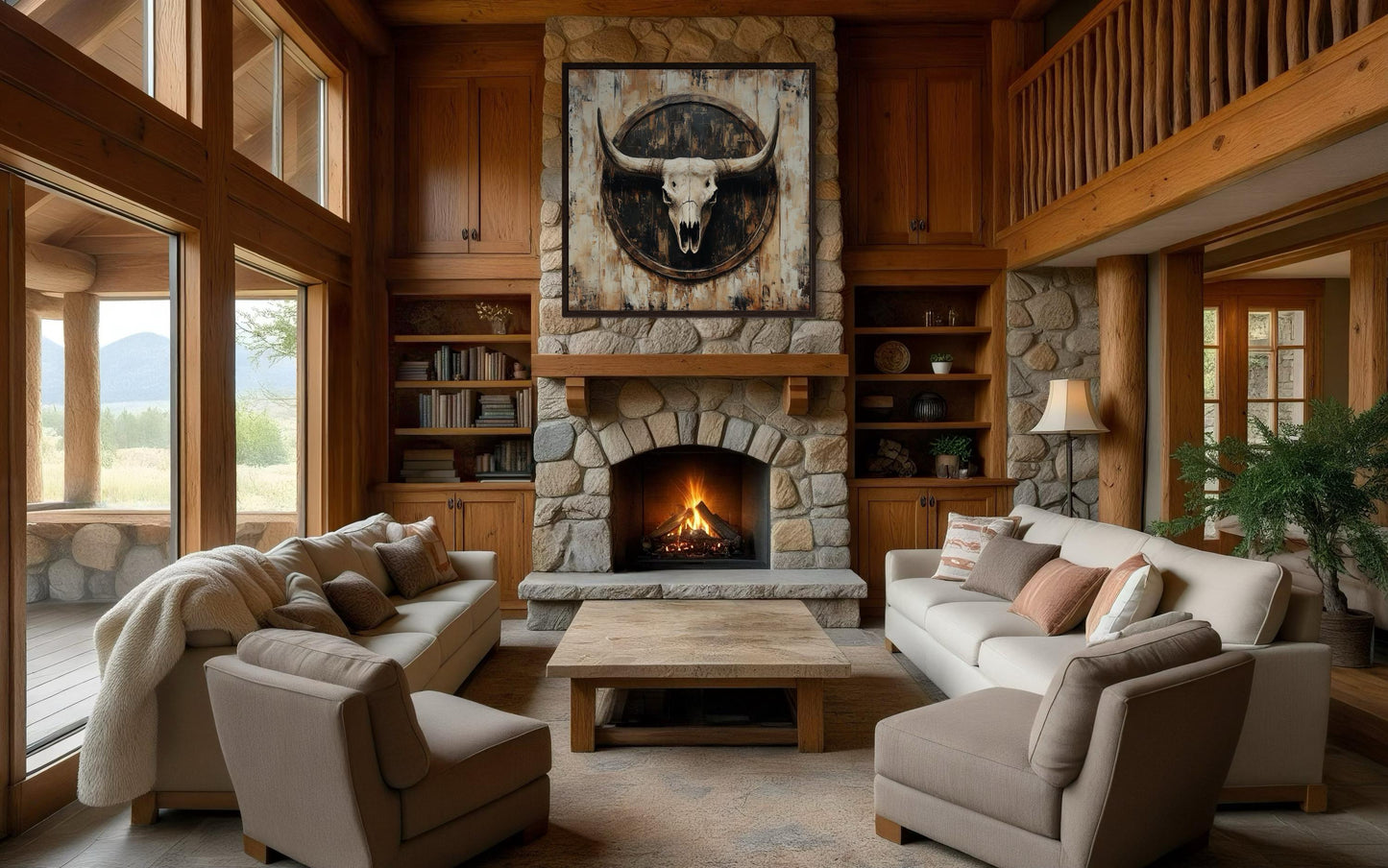 Rustic Longhorn Skull Framed Canvas Wall Art - Western Decor