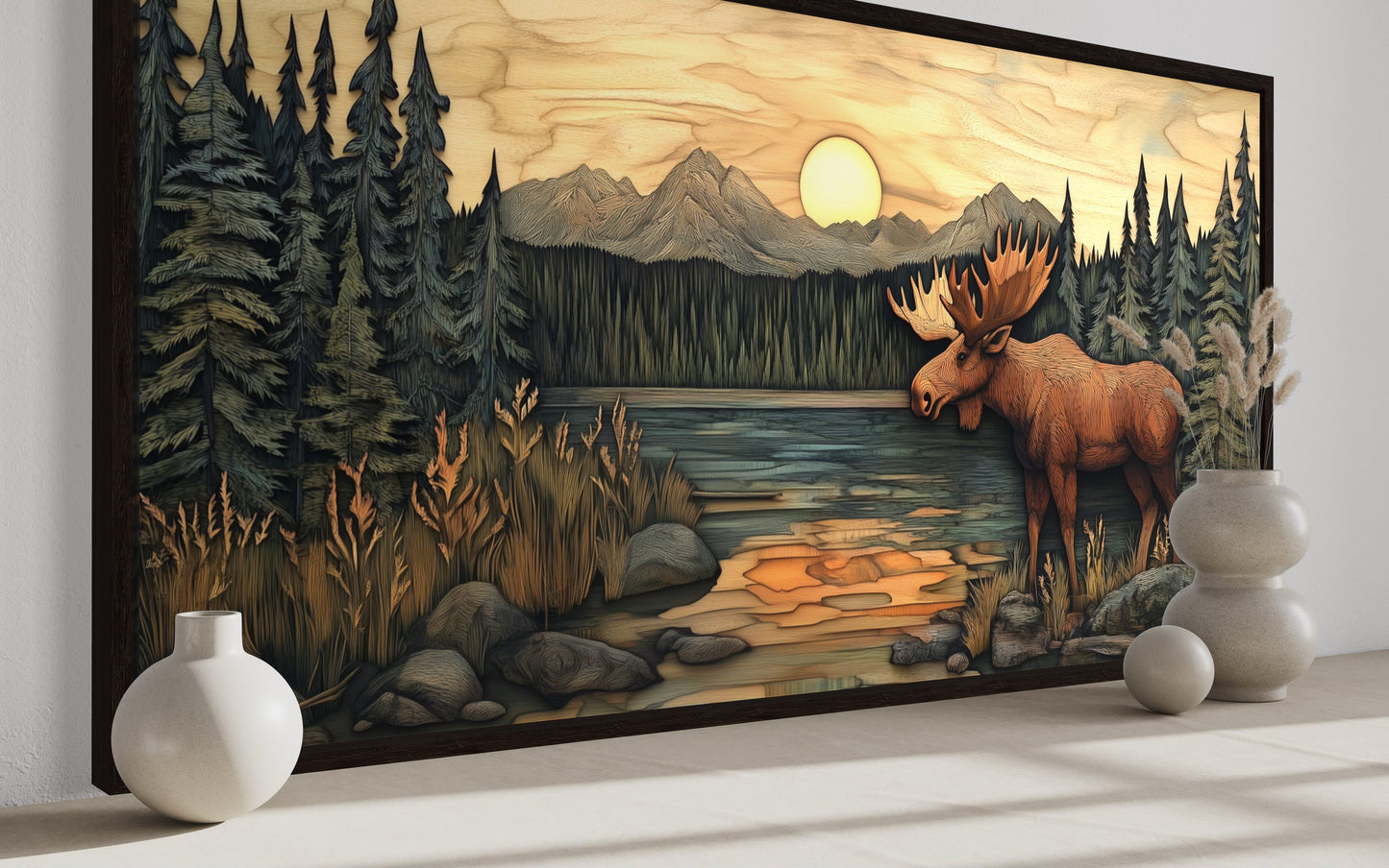 Rustic Moose Painting Framed Cabin Wall Decor Canvas Wall Art