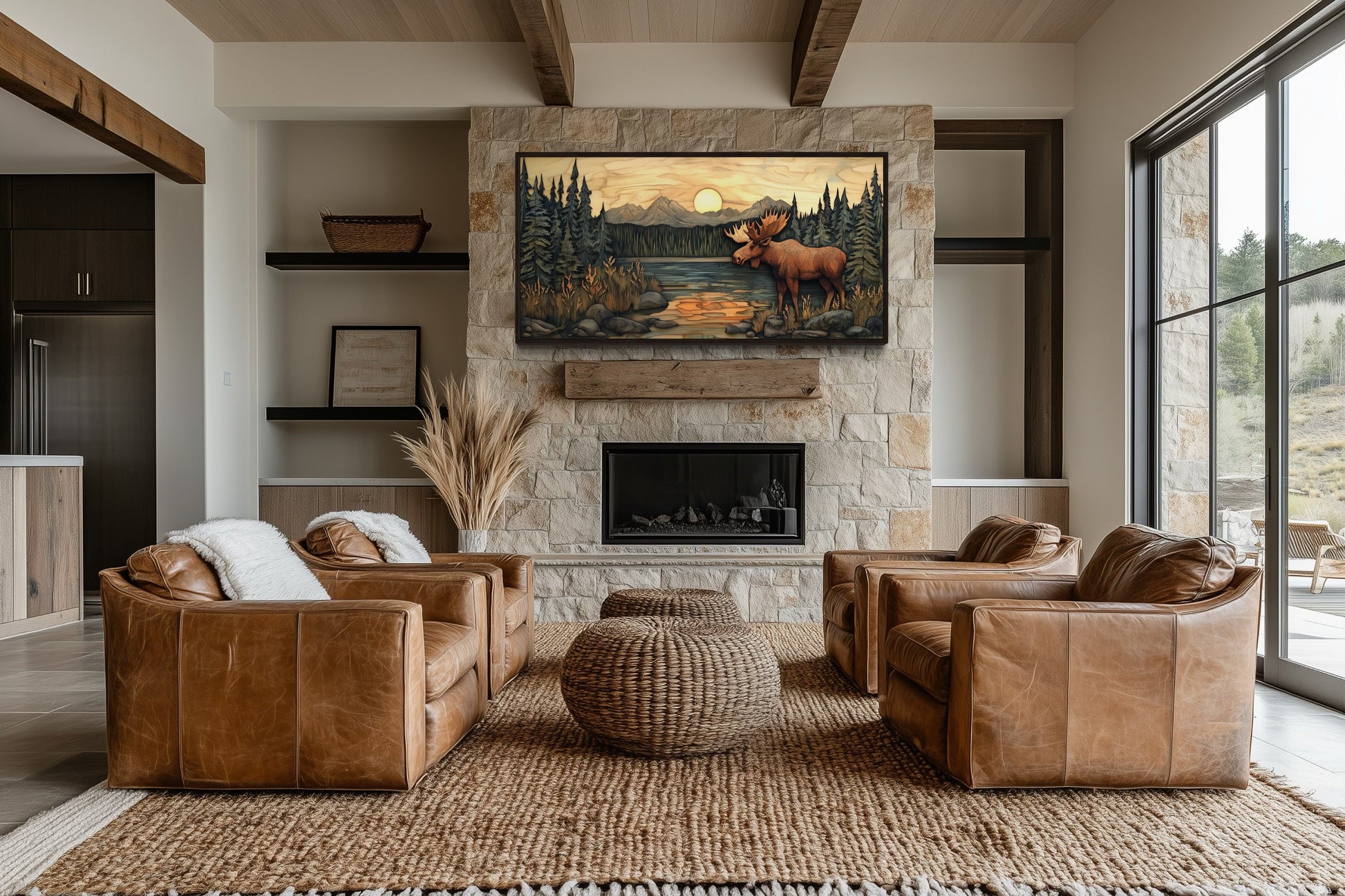 Rustic Moose Painting Framed Cabin Wall Decor Canvas Wall Art