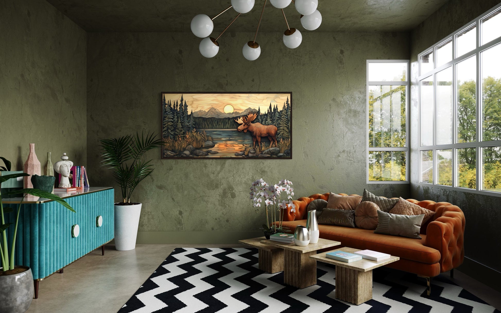 Rustic Moose Painting Framed Cabin Wall Decor Canvas Wall Art