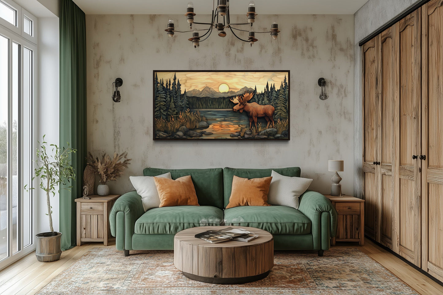 Rustic Moose Painting Framed Cabin Wall Decor Canvas Wall Art