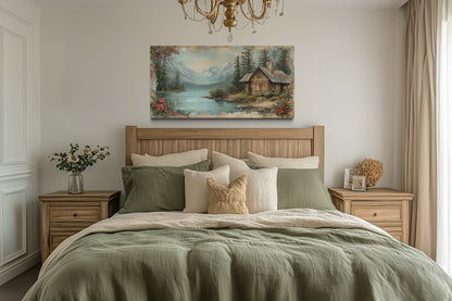 Rustic Mountain Cabin Painting On Wood Framed Canvas Wall Art