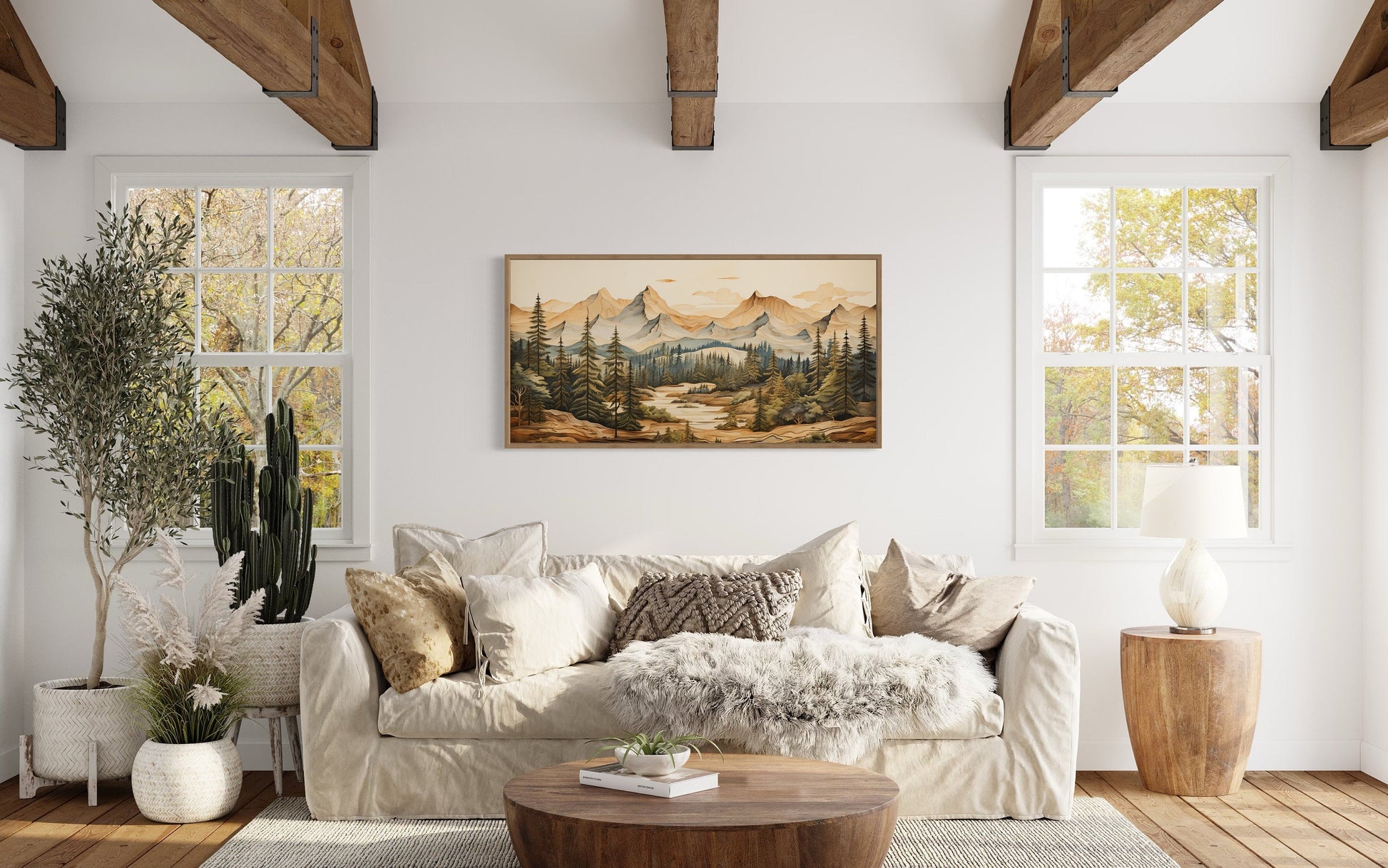 Rustic Mountain Wall Art – Layered Wood Panel Nature Wall Decor for Cabin Style