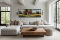 Rustic Old Red Barn With Sunflowers Panoramic Farmhouse Wall Art