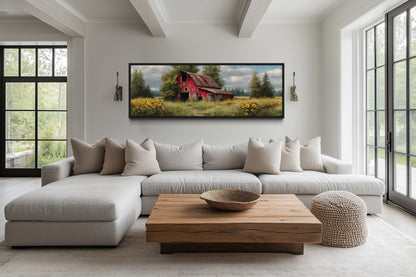 Rustic Old Red Barn With Sunflowers Panoramic Farmhouse Wall Art