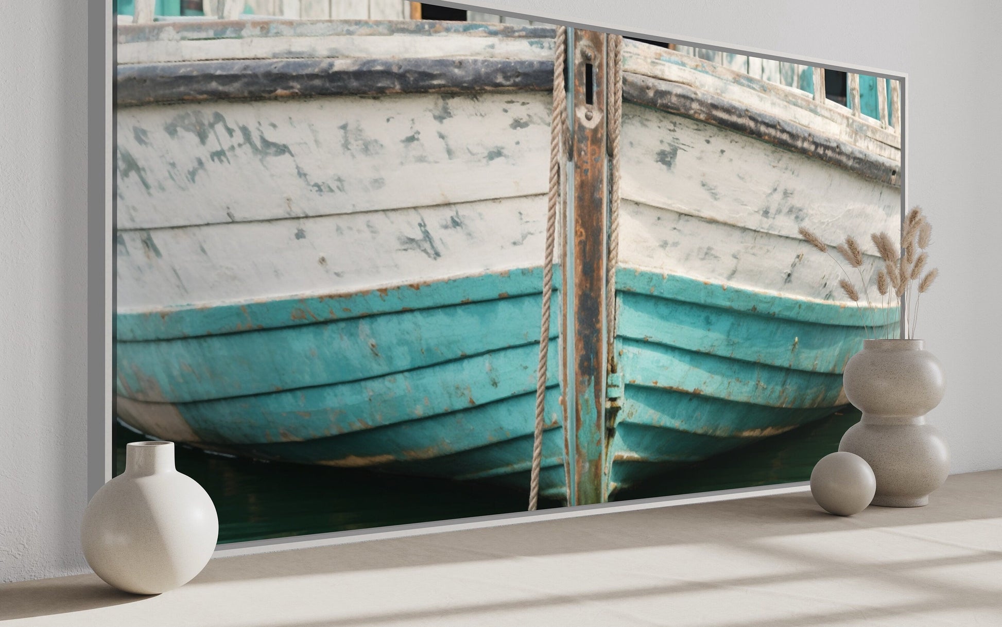 Rustic Old Teal Boat Close Up Framed Canvas Wall Art For Beach House Decor