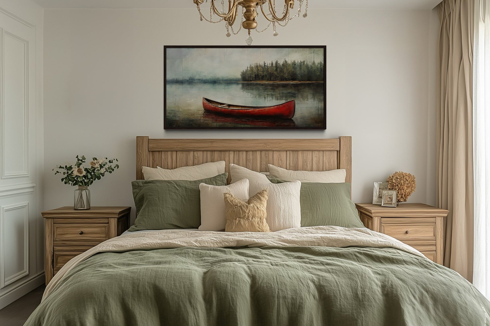 Rustic Red Canoe In The Lake Framed Canvas Wall Art For Lake House Decor