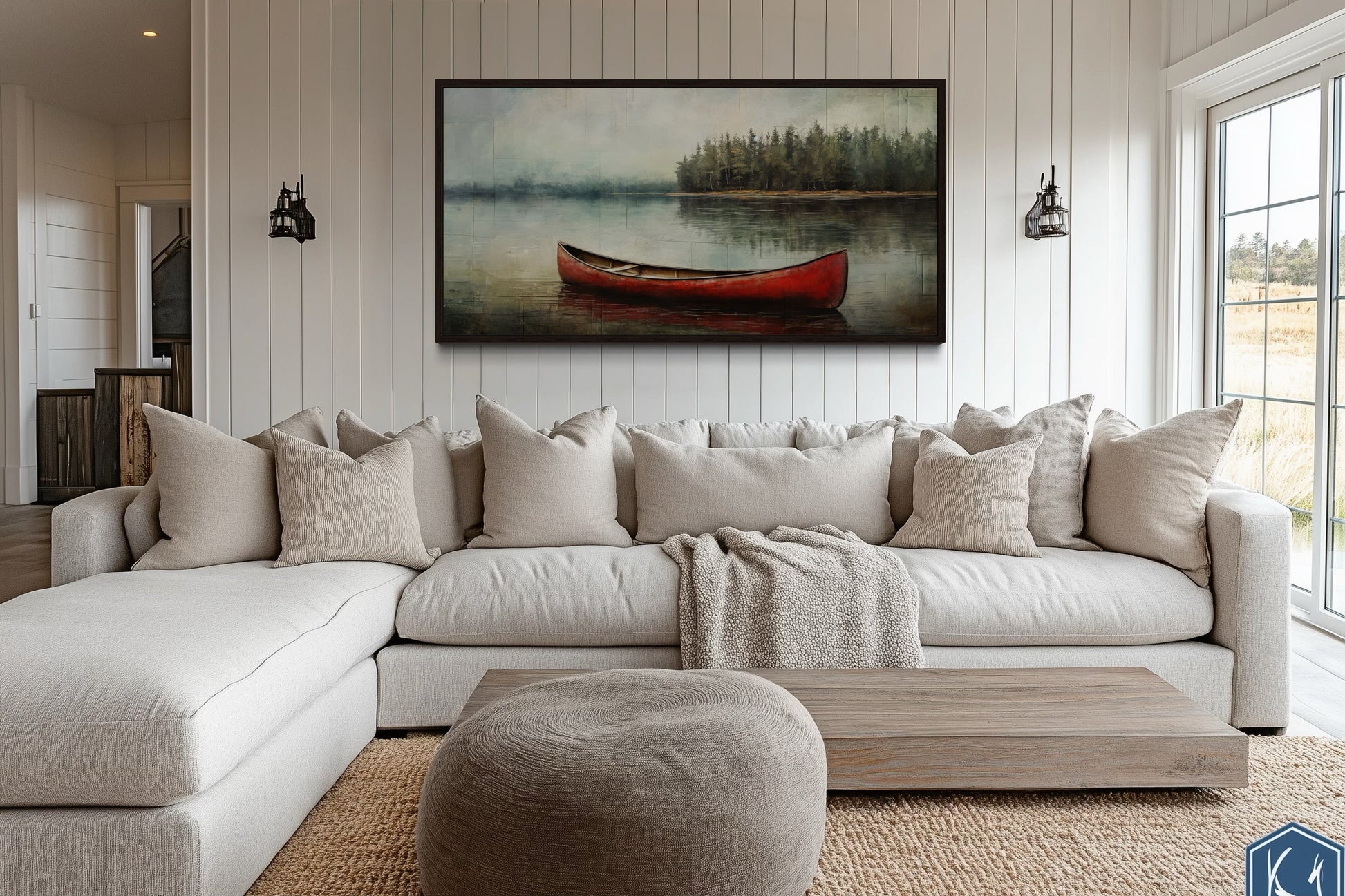 Rustic Red Canoe In The Lake Framed Canvas Wall Art For Lake House Decor