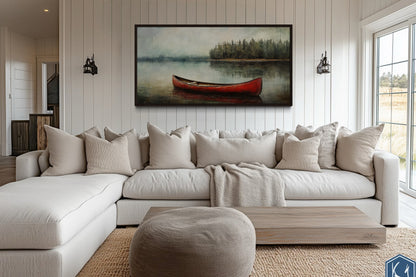 Rustic Red Canoe In The Lake Framed Canvas Wall Art For Lake House Decor