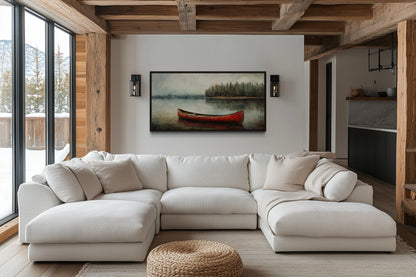 Rustic Red Canoe In The Lake Framed Canvas Wall Art For Lake House Decor