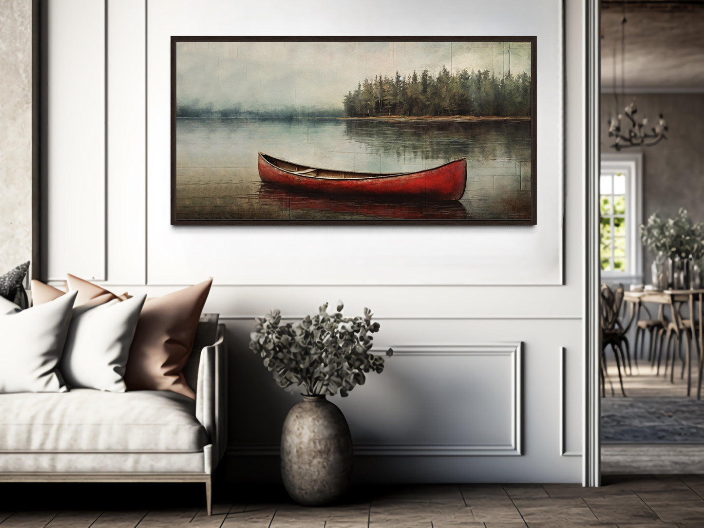 Rustic Red Canoe In The Lake Framed Canvas Wall Art For Lake House Decor