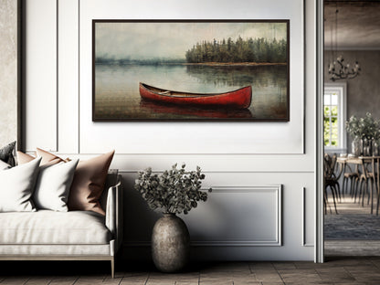 Rustic Red Canoe In The Lake Framed Canvas Wall Art For Lake House Decor
