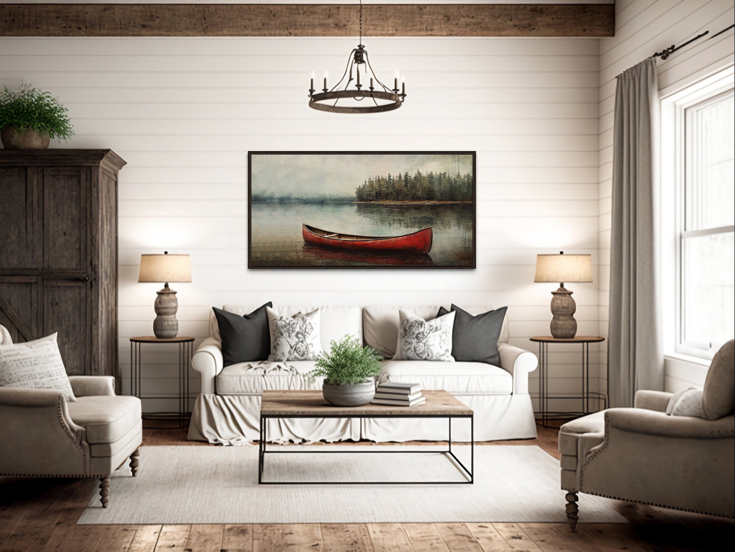 Rustic Red Canoe In The Lake Framed Canvas Wall Art For Lake House Decor