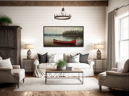 Rustic Red Canoe In The Lake Framed Canvas Wall Art For Lake House Decor