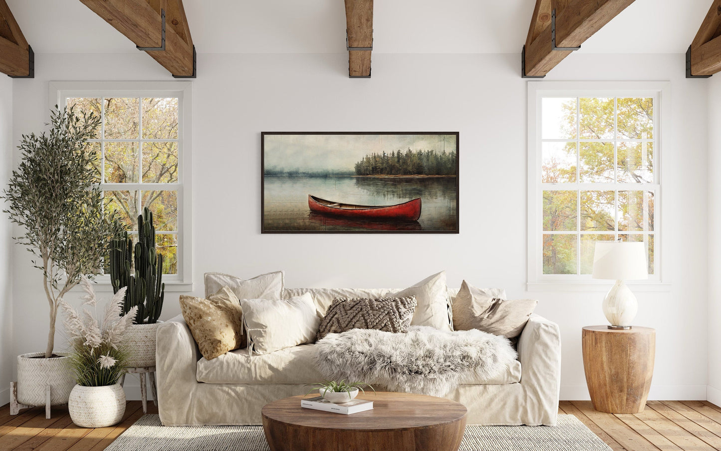 Rustic Red Canoe In The Lake Framed Canvas Wall Art For Lake House Decor