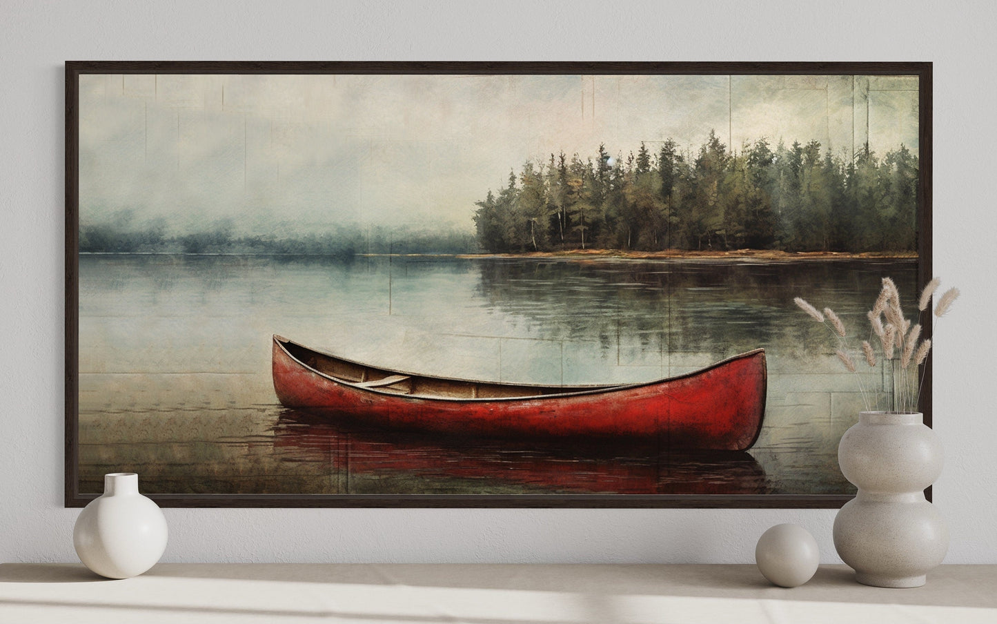 Rustic Red Canoe In The Lake Framed Canvas Wall Art For Lake House Decor