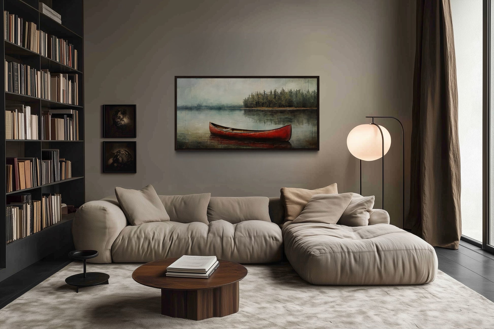 Rustic Red Canoe In The Lake Framed Canvas Wall Art For Lake House Decor