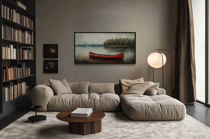 Rustic Red Canoe In The Lake Framed Canvas Wall Art For Lake House Decor