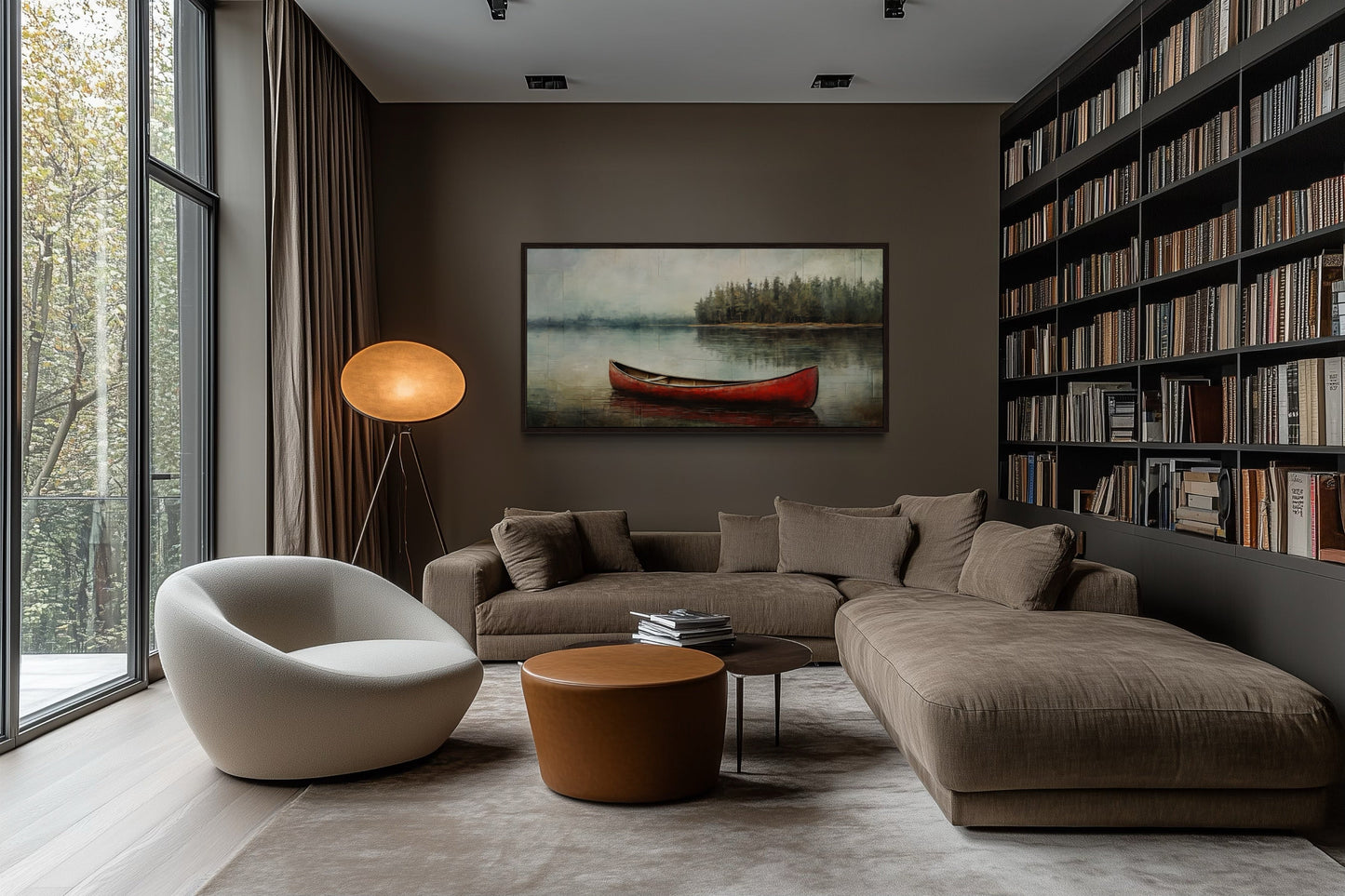 Rustic Red Canoe In The Lake Framed Canvas Wall Art For Lake House Decor