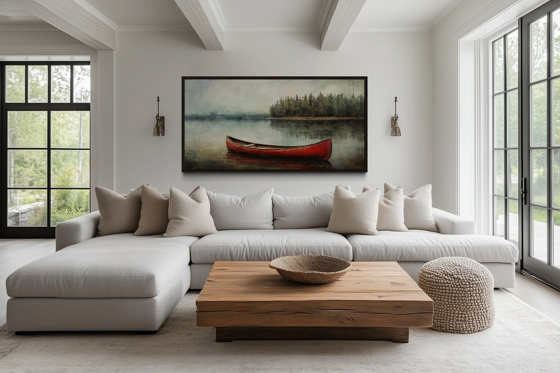 Rustic Red Canoe In The Lake Framed Canvas Wall Art For Lake House Decor