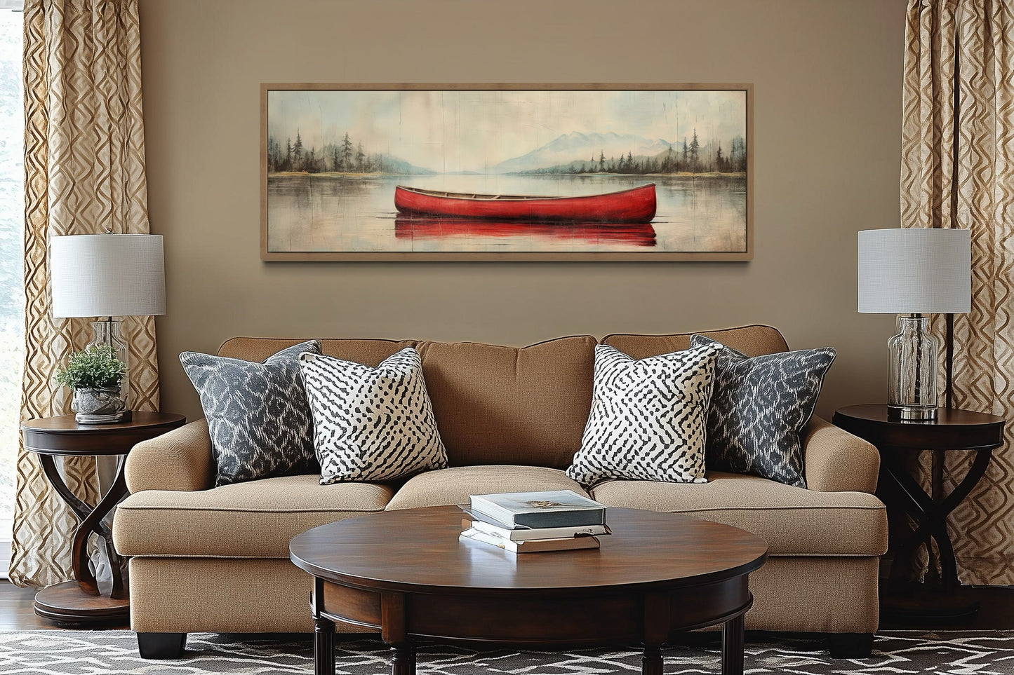 Rustic Red Canoe In The Lake Painted On Wood Framed Canvas Wall Art