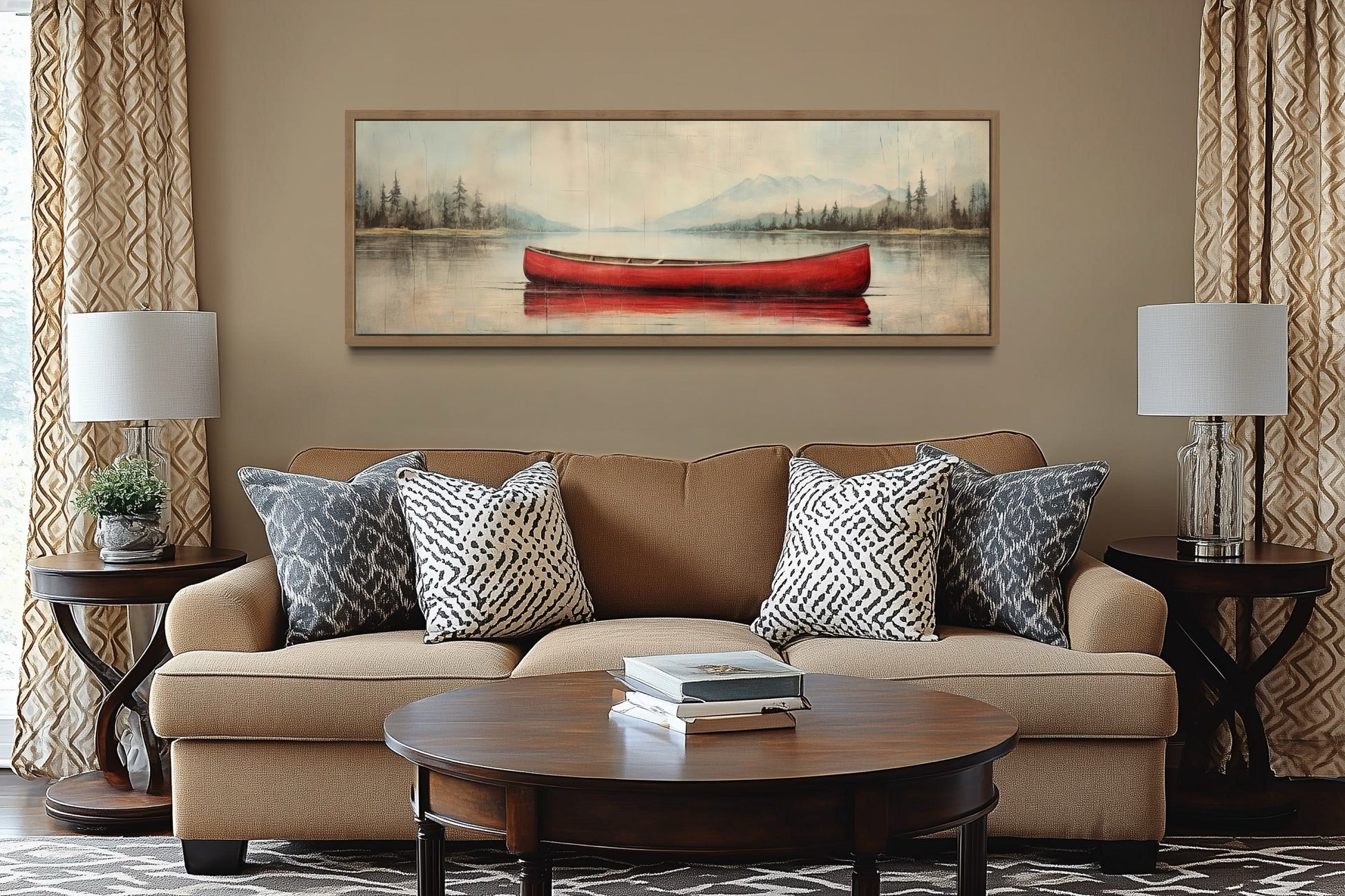 Rustic Red Canoe In The Lake Painted On Wood Framed Canvas Wall Art