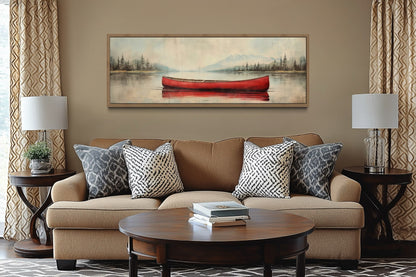 Rustic Red Canoe In The Lake Painted On Wood Framed Canvas Wall Art