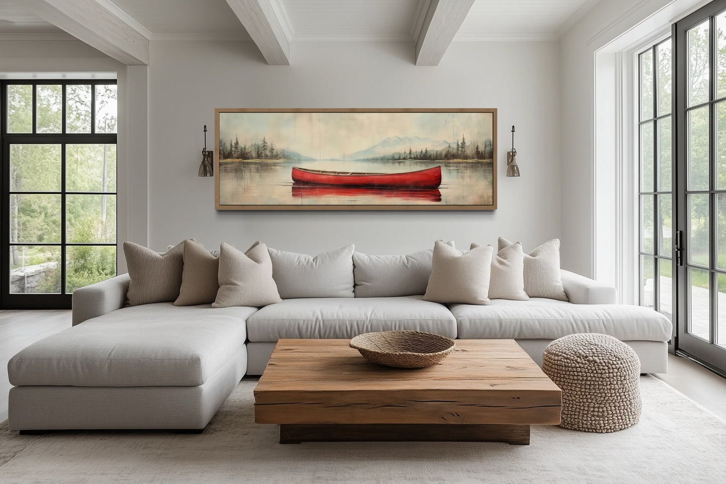 Rustic Red Canoe In The Lake Painted On Wood Framed Canvas Wall Art