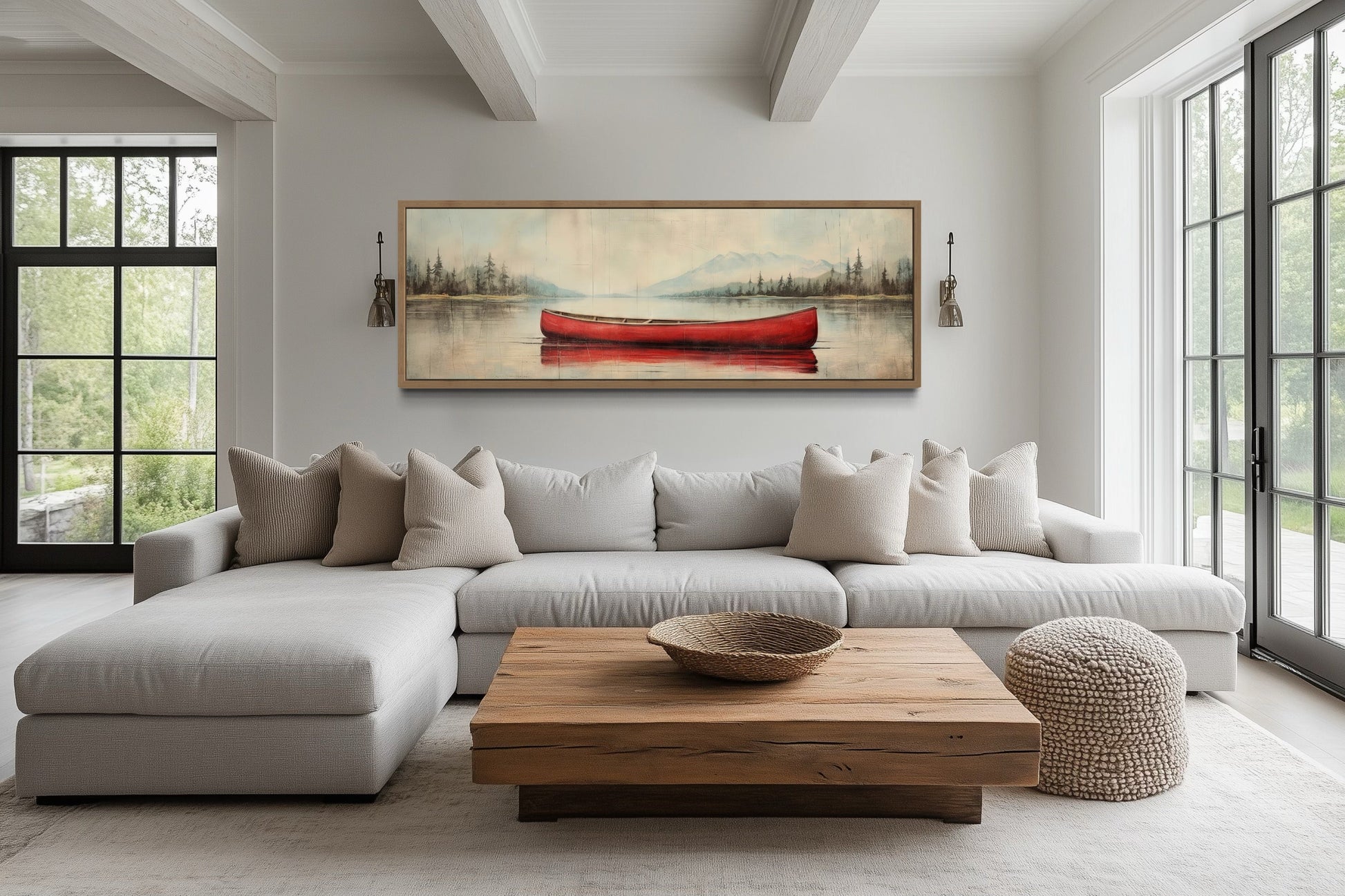Rustic Red Canoe In The Lake Painted On Wood Framed Canvas Wall Art