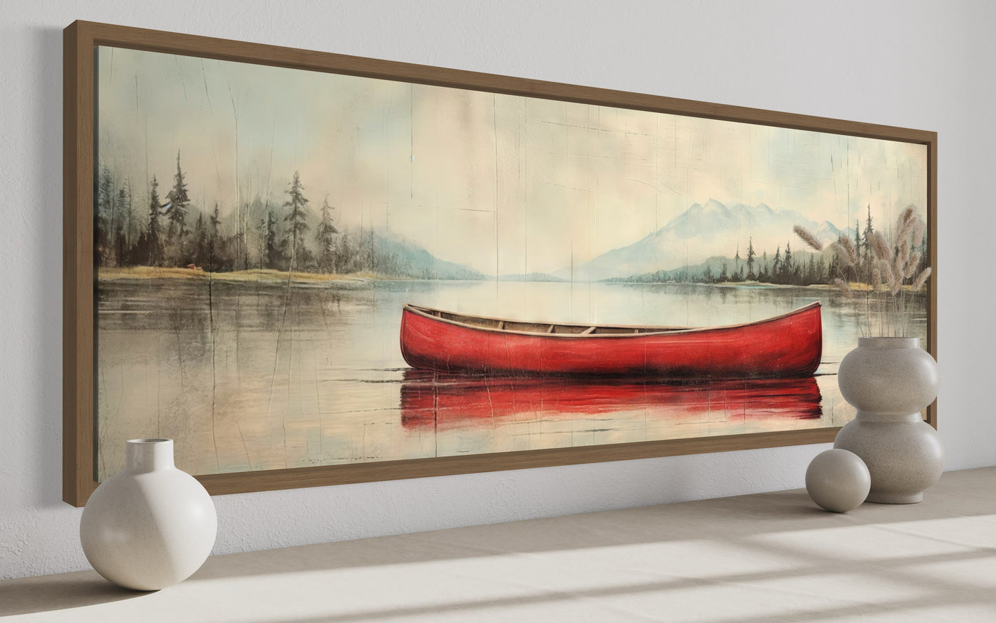 Rustic Red Canoe In The Lake Painted On Wood Framed Canvas Wall Art