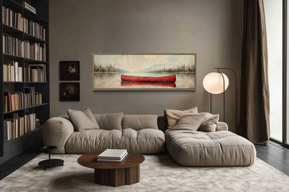 Rustic Red Canoe In The Lake Painted On Wood Framed Canvas Wall Art