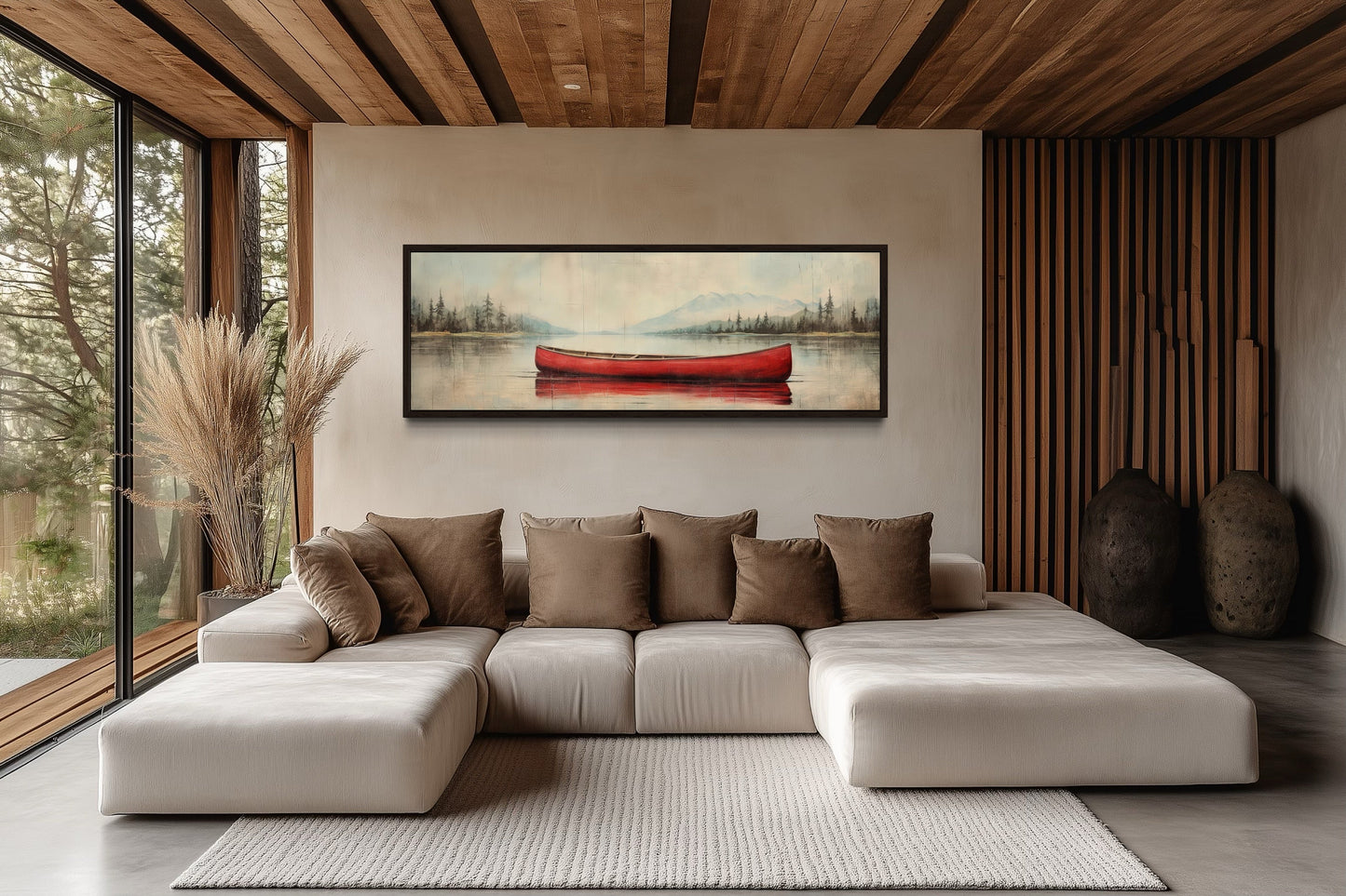 Rustic Red Canoe In The Lake Painted On Wood Framed Canvas Wall Art