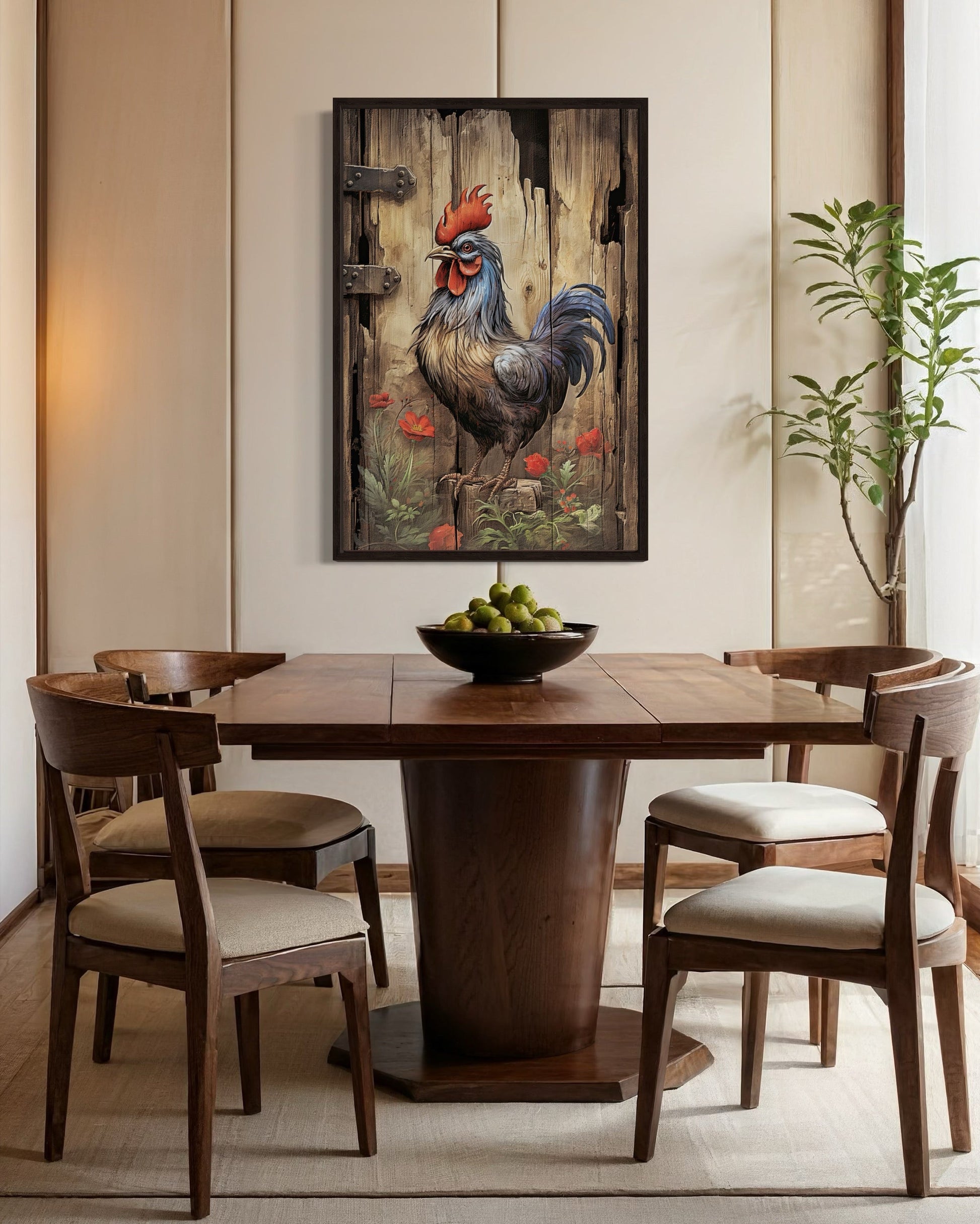 Rustic Rooster Painting On Distressed Wood Framed Canvas Wall Art