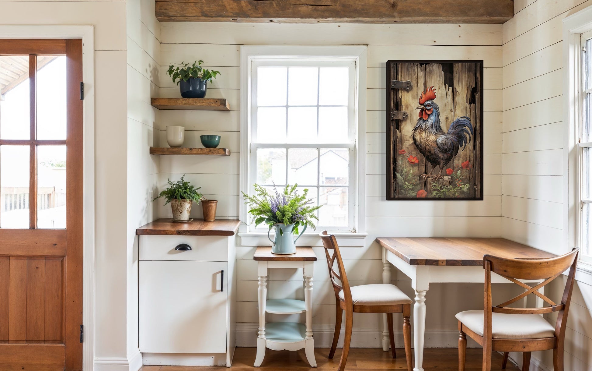 Rustic Rooster Painting On Distressed Wood Framed Canvas Wall Art