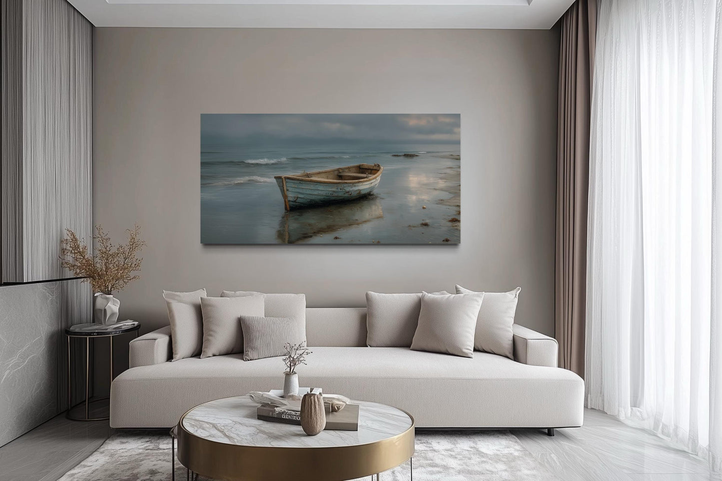 Rustic Rowboat On Beach Coastal Framed Canvas Wall Art