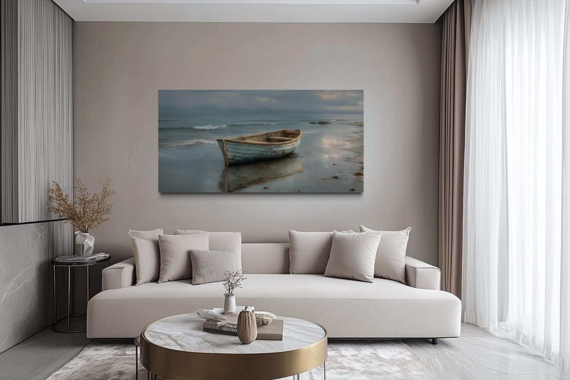 Rustic Rowboat On Beach Coastal Framed Canvas Wall Art