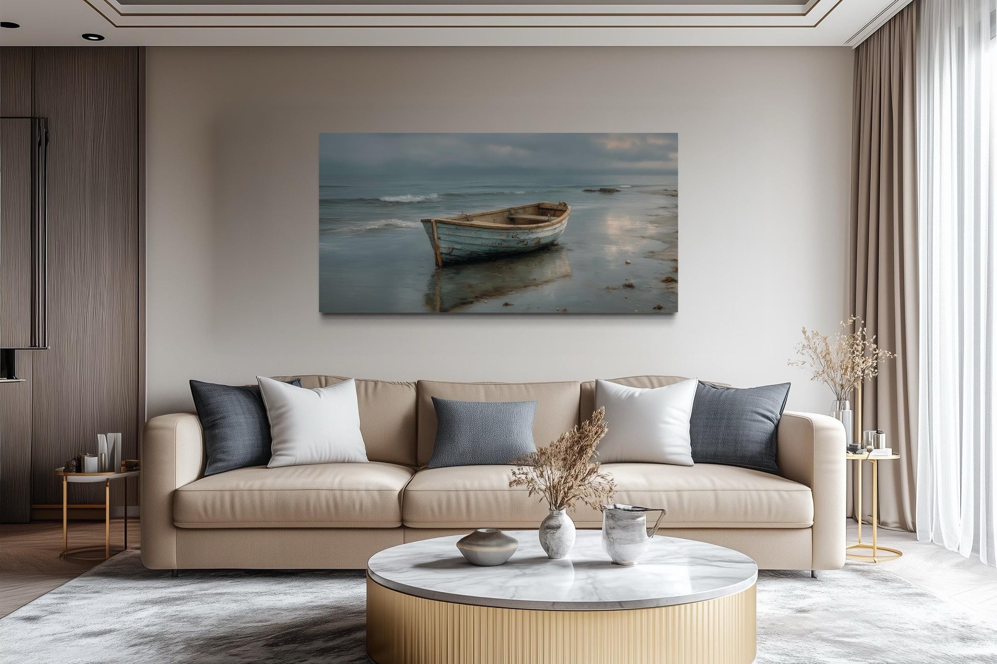 Rustic Rowboat On Beach Coastal Framed Canvas Wall Art