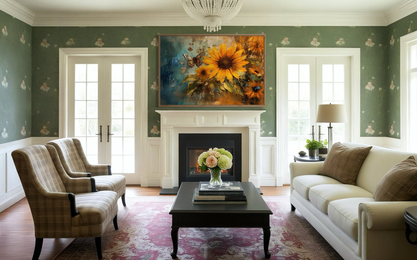 Rustic Sunflower And Butterfly Painting Farmhouse Framed Canvas Wall Art