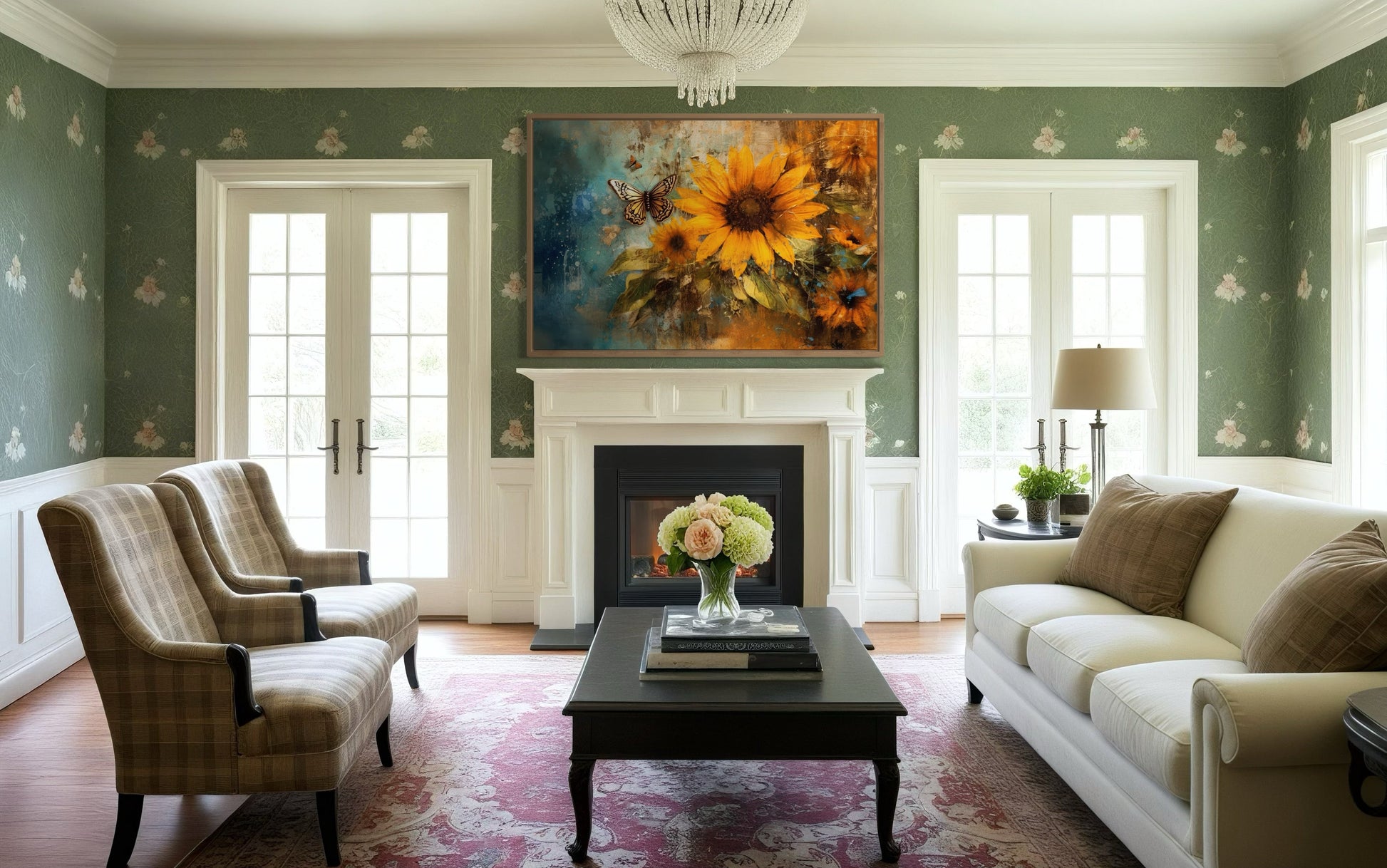 Rustic Sunflower And Butterfly Painting Farmhouse Framed Canvas Wall Art