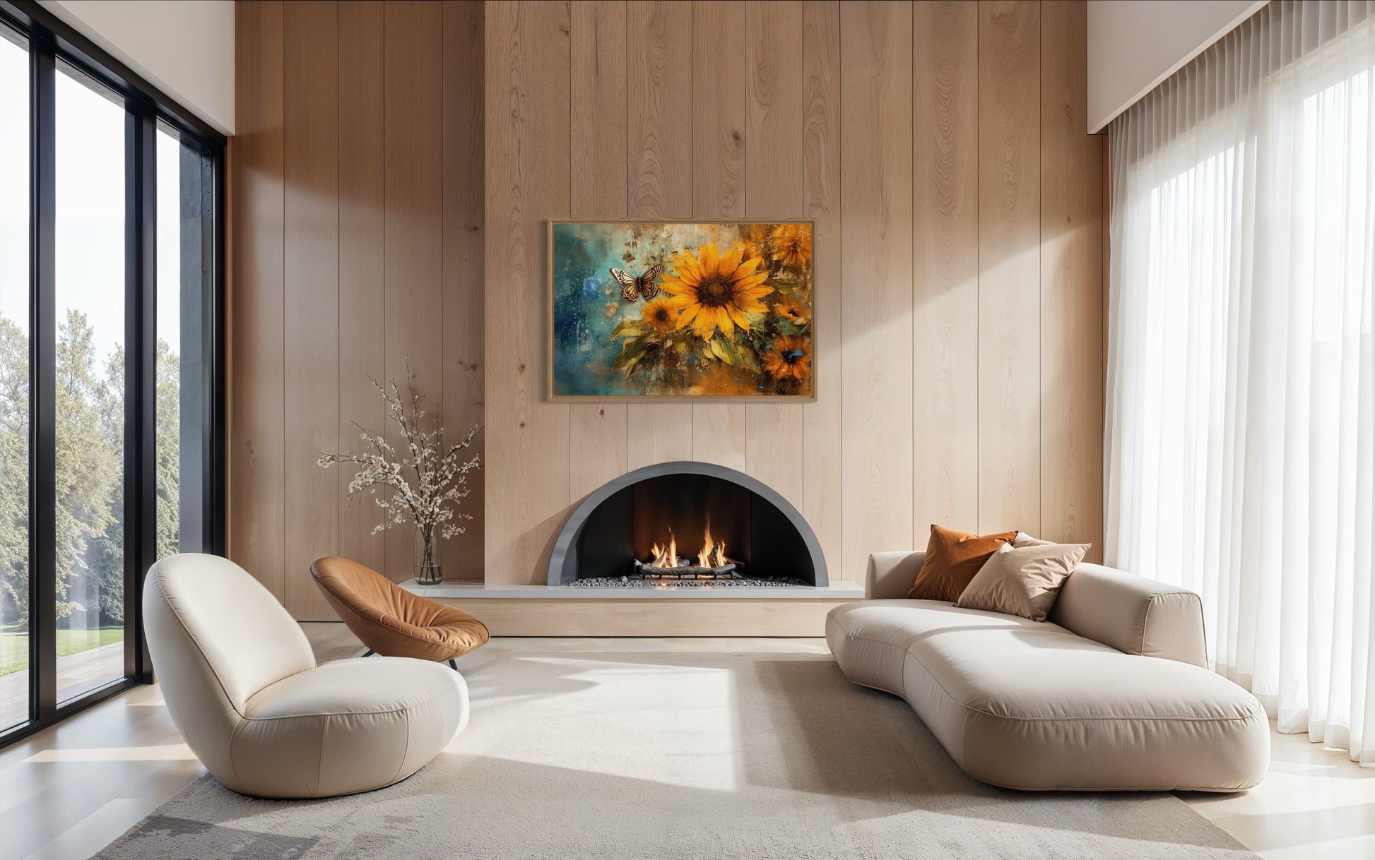 Rustic Sunflower And Butterfly Painting Farmhouse Framed Canvas Wall Art