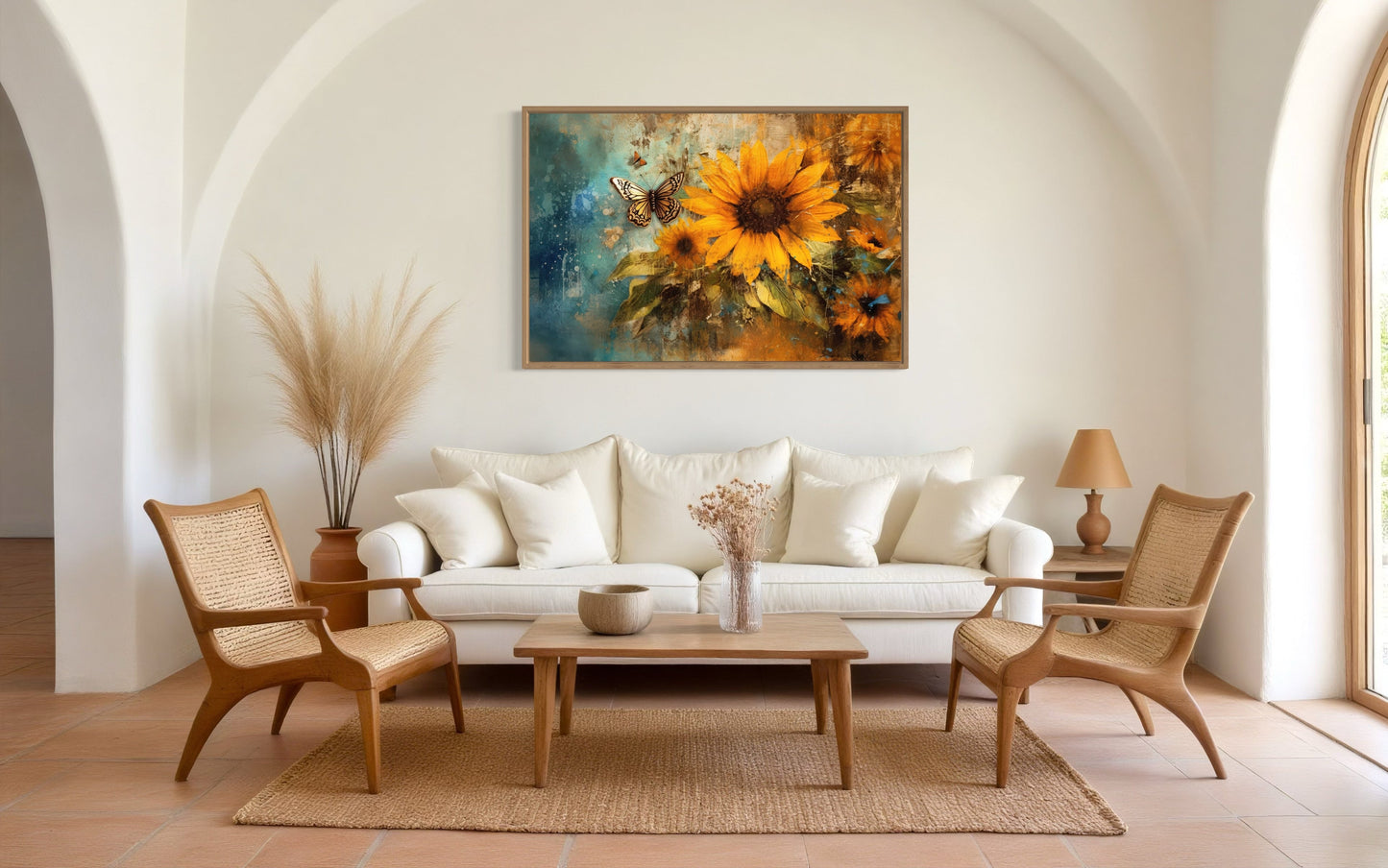 Rustic Sunflower And Butterfly Painting Farmhouse Framed Canvas Wall Art