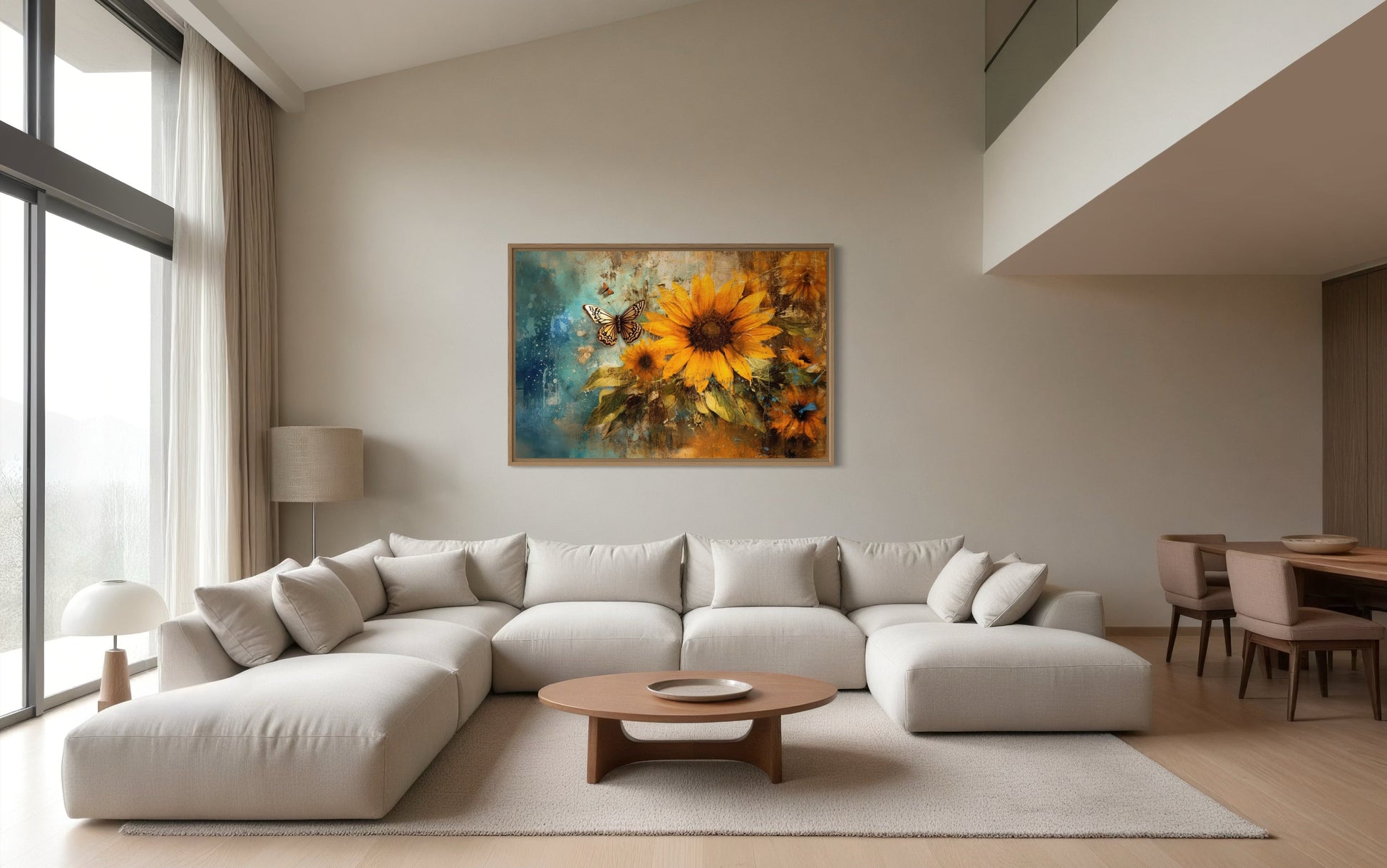 Rustic Sunflower And Butterfly Painting Farmhouse Framed Canvas Wall Art
