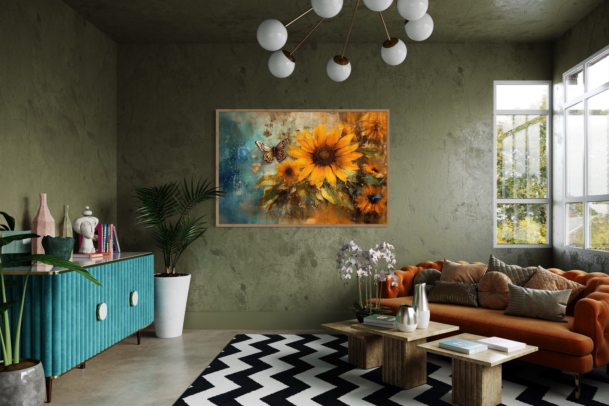 Rustic Sunflower And Butterfly Painting Farmhouse Framed Canvas Wall Art