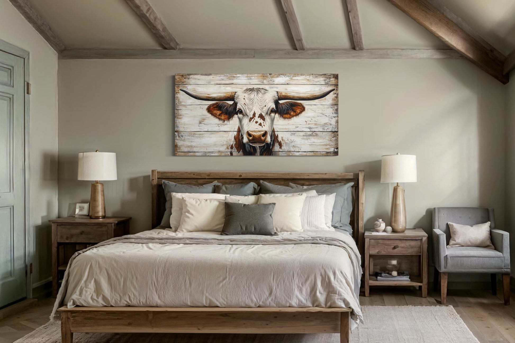 Rustic Texas Longhorn On White / Grey Wood Background Framed Canvas Wall Art