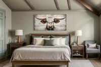 Rustic Texas Longhorn On White / Grey Wood Background Framed Canvas Wall Art