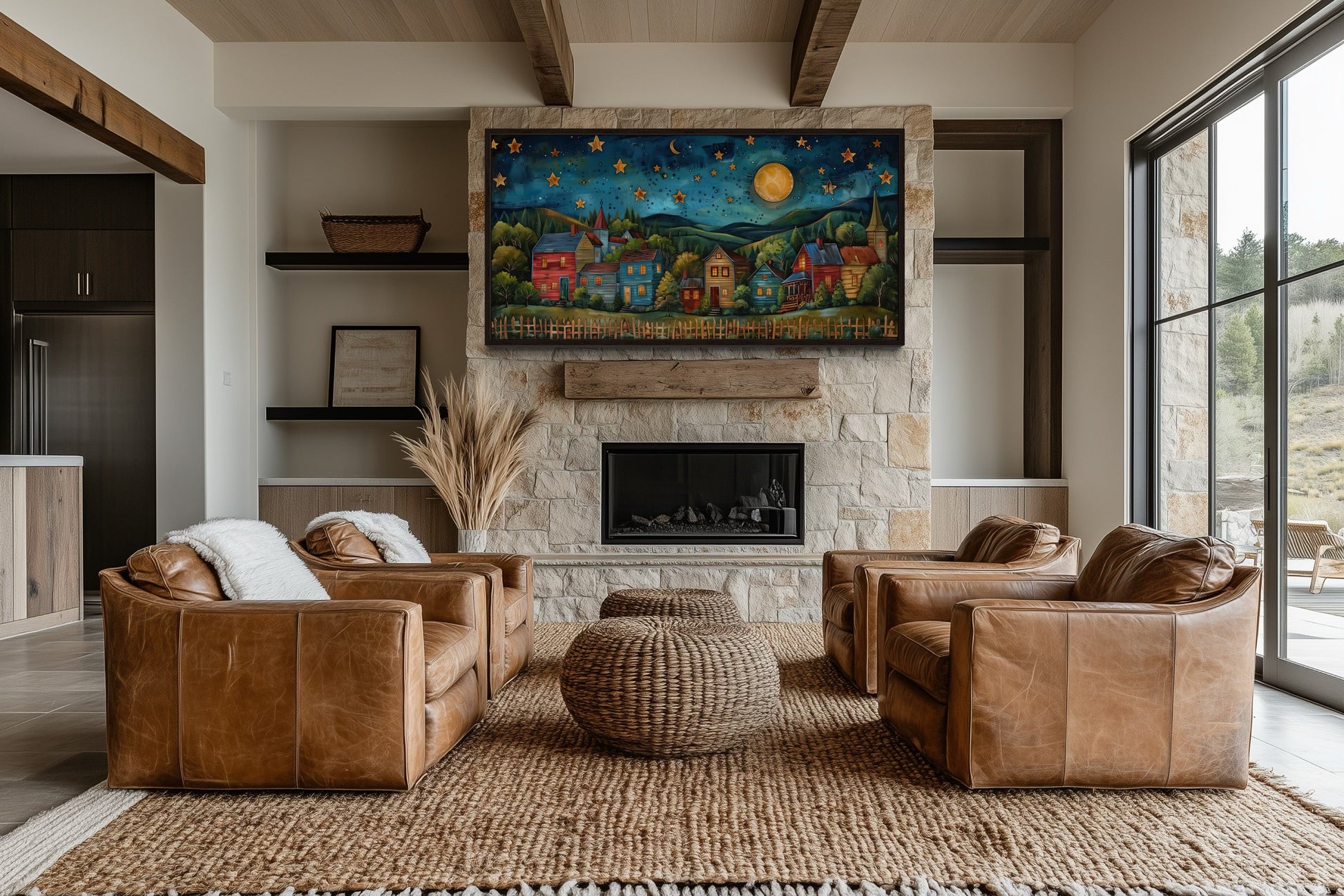 Rustic Village At Night Under Stars And Moon Rural Wall Art