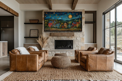 Rustic Village At Night Under Stars And Moon Rural Wall Art
